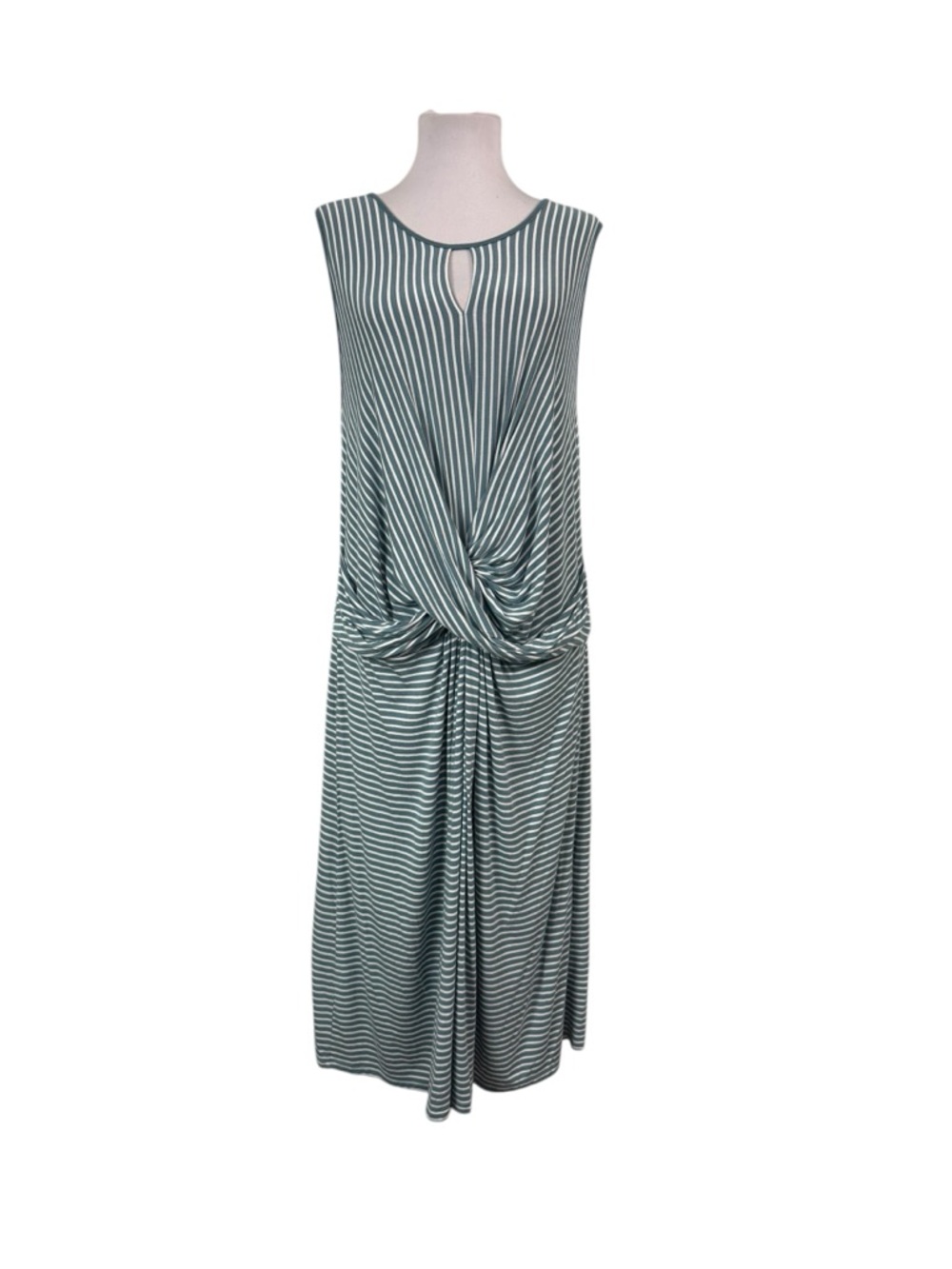 Catherines 1XWP 1X Petite Midi Dress Knit Sleeveless Striped Blue Twist Neck